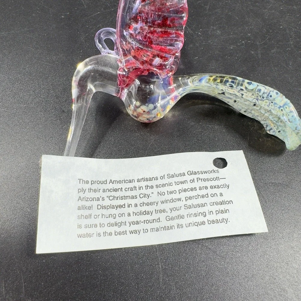 Bandhu Dunham Hand Blown Salusa Glass Christmas Ornament Hummingbird Figure Tag